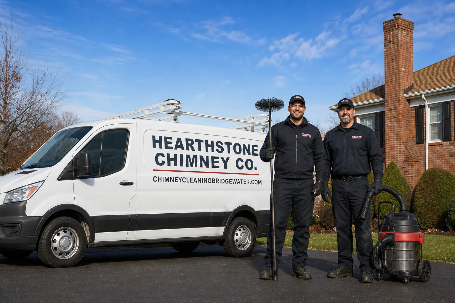 Hearthstone Chimney Co. chimney cleaning service vehicle and crew in Bridgewater, NJ
